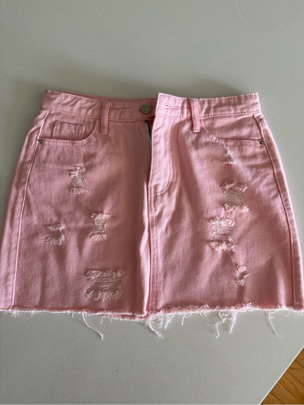SHEIN Light Pink Distressed Denim Mini Skirt